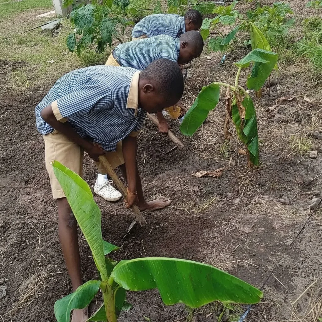Pupils planting a banana sucker for the Climate Club