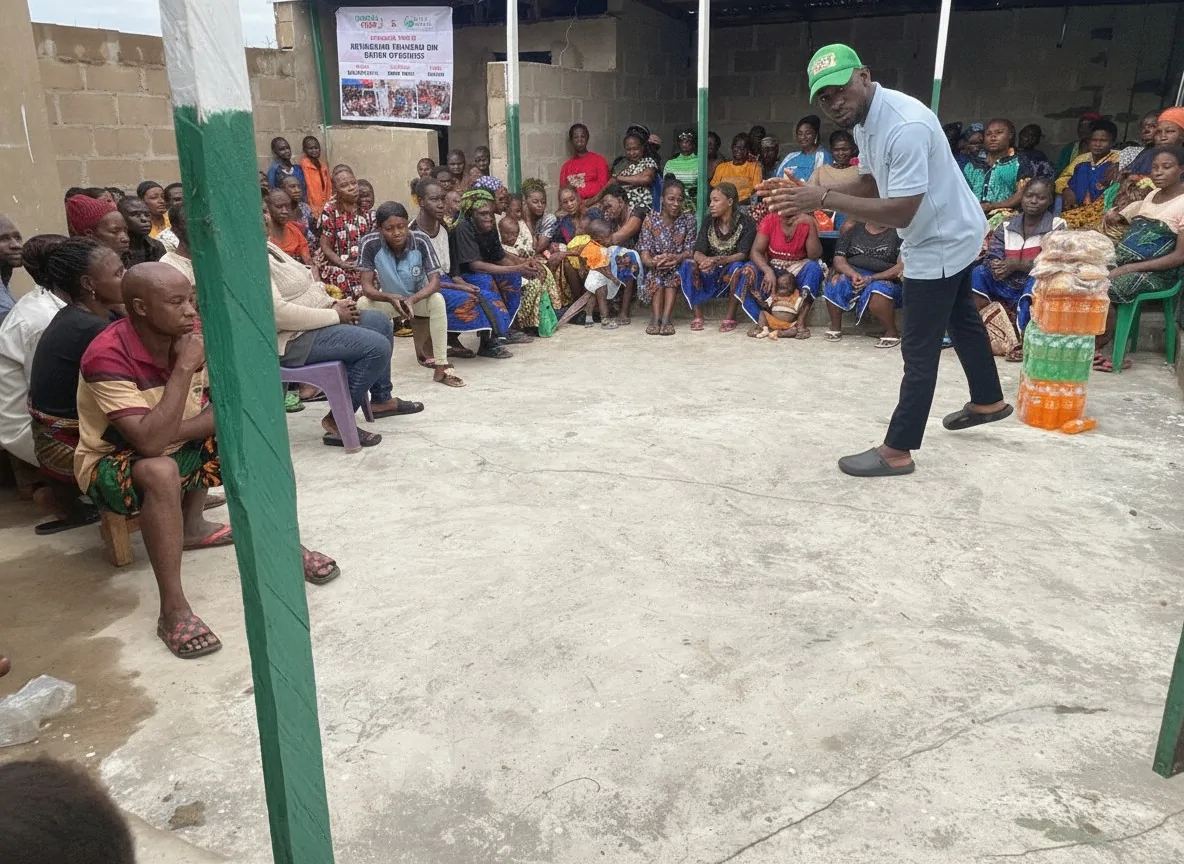 Community members seated under a shed during a session