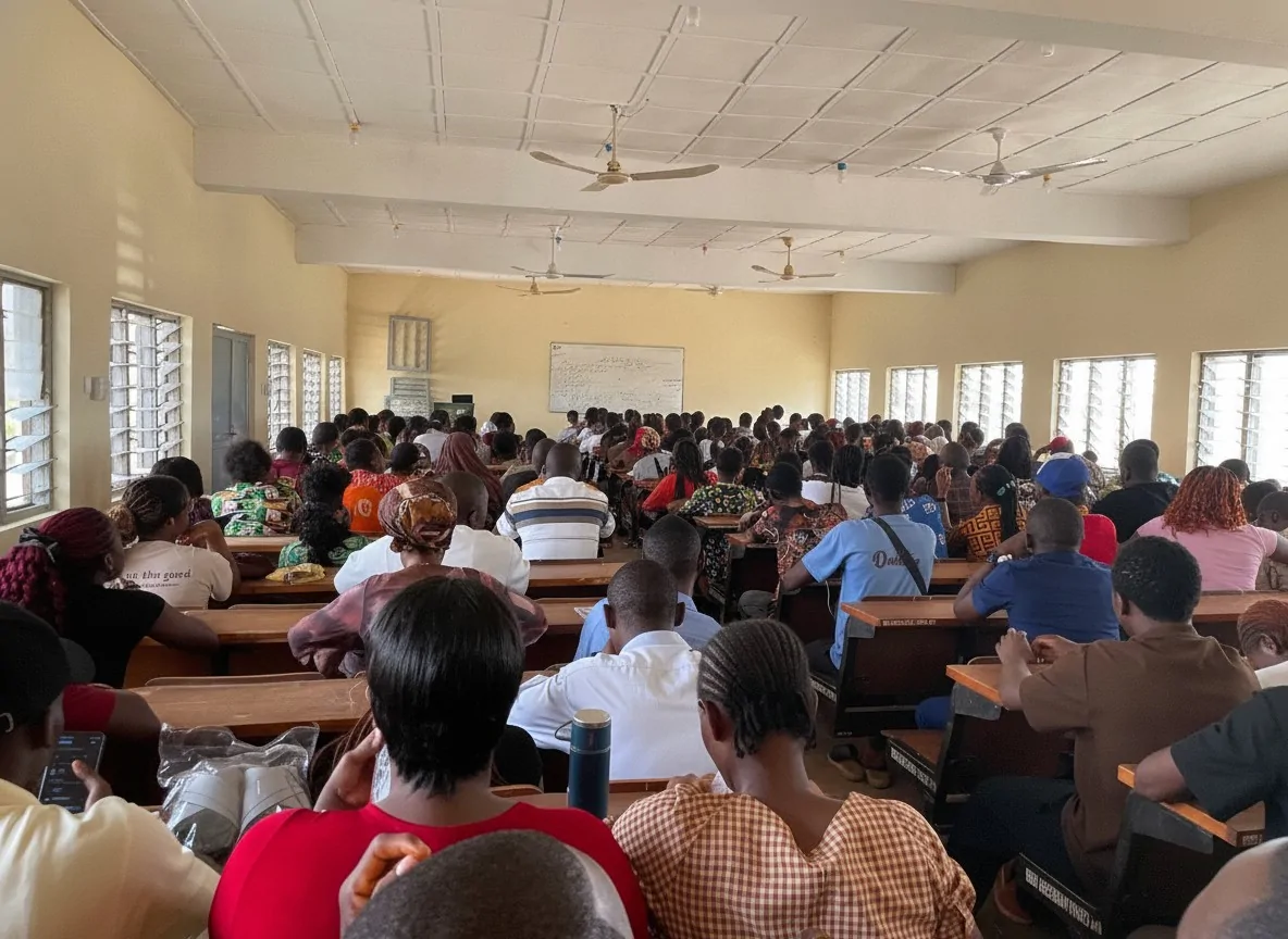 Students seated in a large hall for a session