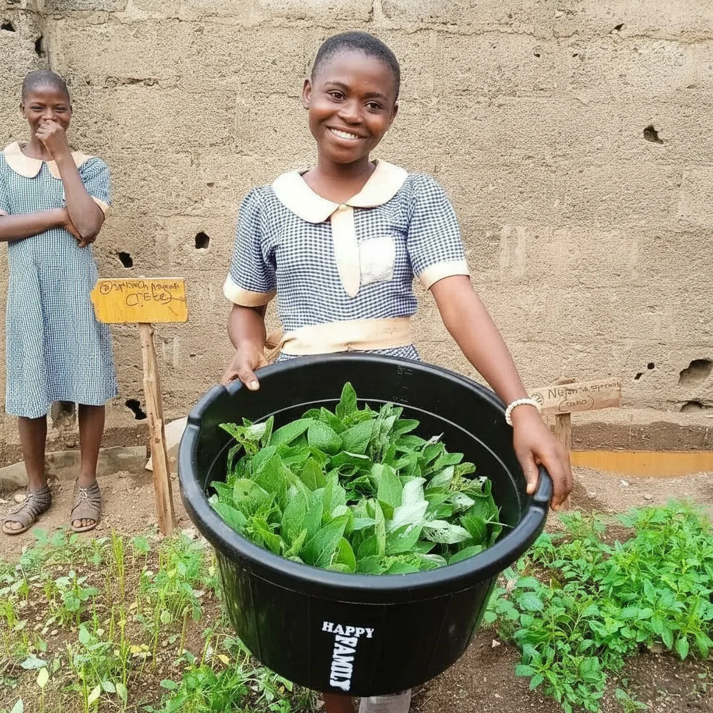 A pupil holding a bowl of freshly harvested greens from her school garden