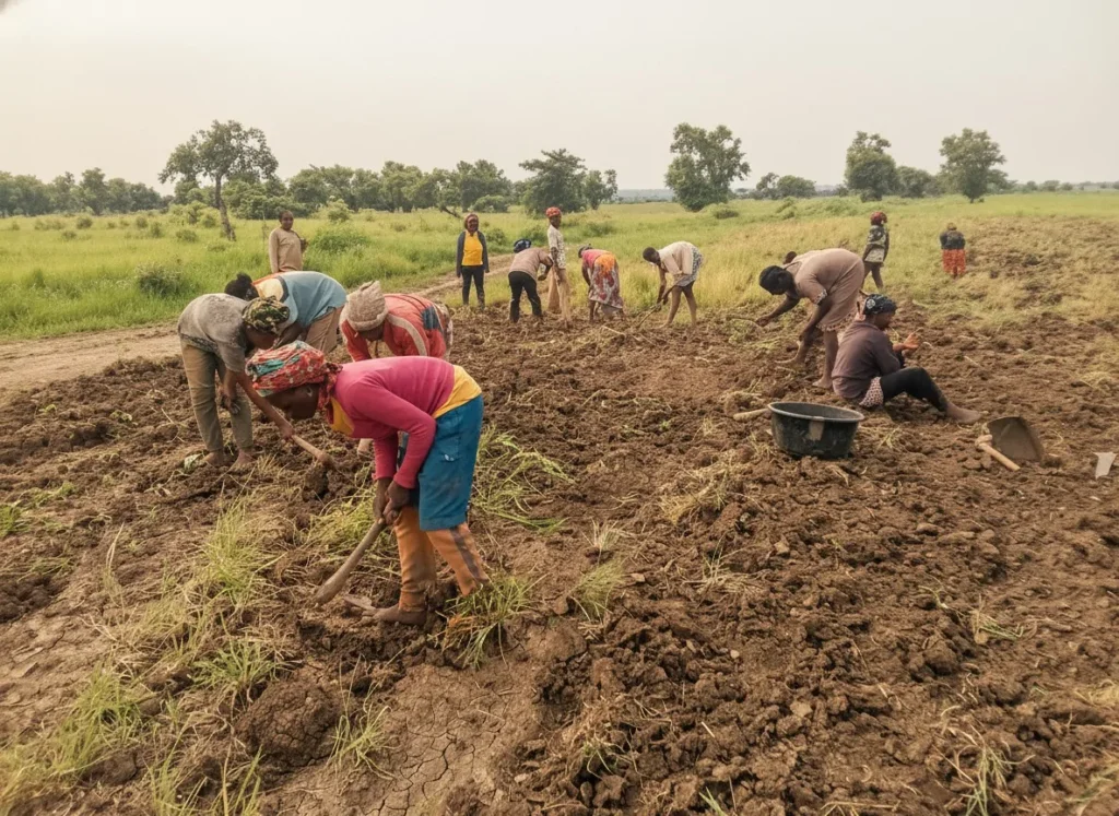 People preparing soil in an open field