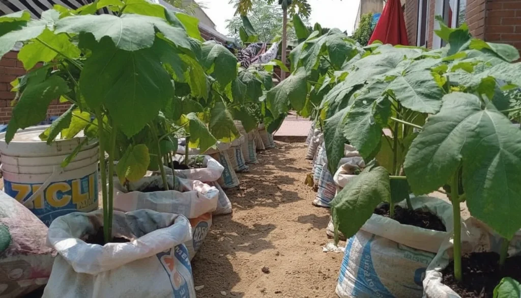 A row of sack gardens with young plants