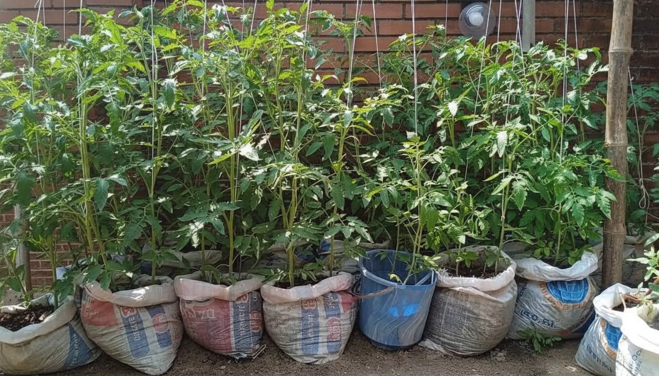 Tomato plants growing in sack gardens