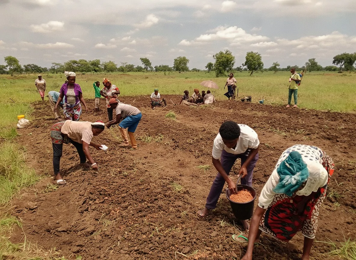 Women planting together on a large field
