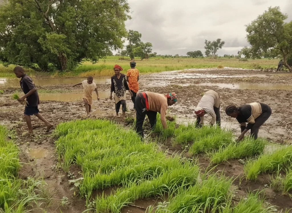 Women preparing seedlings together